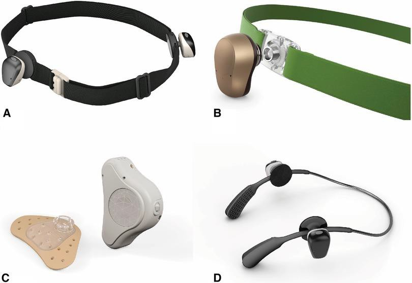 Figure 2.13 Non-Surgical Bone Conduction Device (Bone conduction sound processors). (A) Cochlear BAHA® with soft band. (B) Ponto® with soft band. (C) Med-El ADHEAR® with bearing gel adhesive. (D) Cochlear BAHA SoundArc®. 9