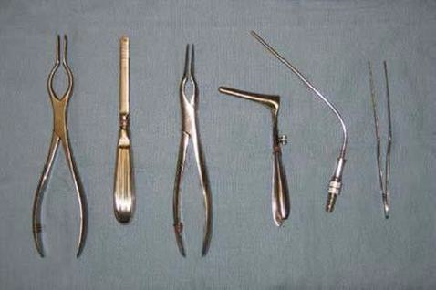 Walsham forceps , Boies elevator , Ash forceps , nasal speculum, nasal suction , bayonet forceps